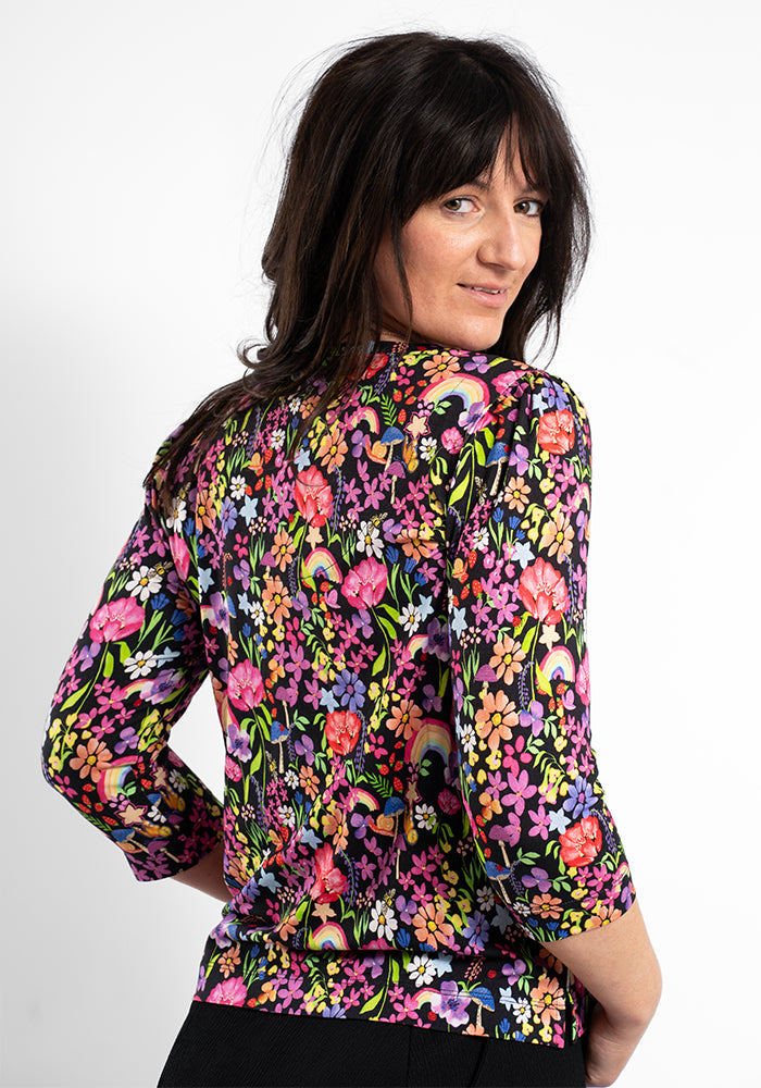 Second angle of Kirsty Garden Rainbow Print Floral V Neck Viscose Top