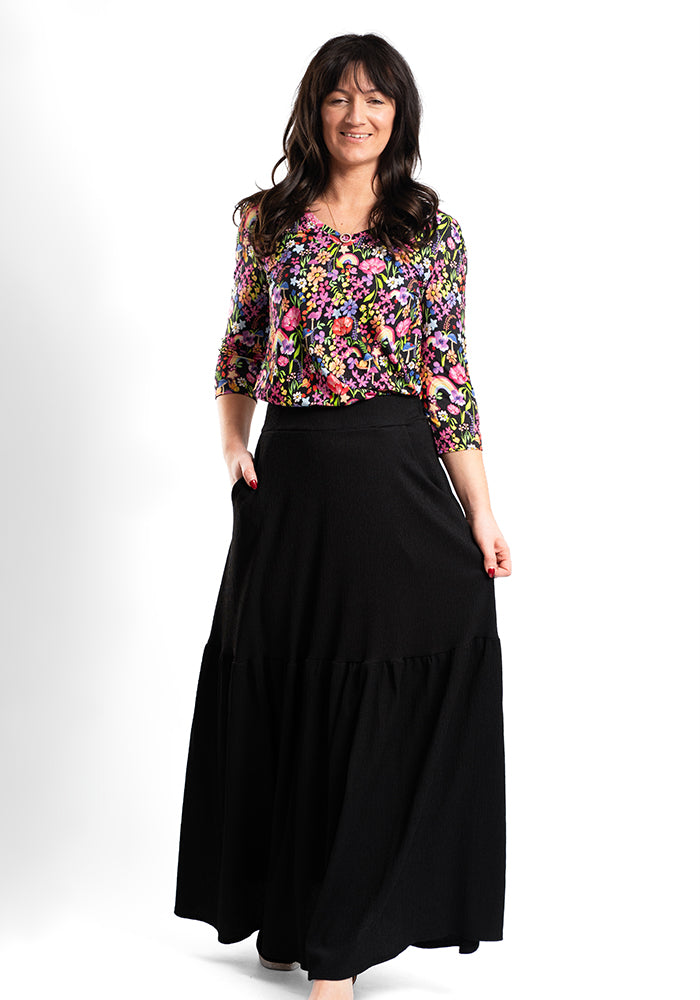 Third angle of Kirsty Garden Rainbow Print Floral V Neck Viscose Top