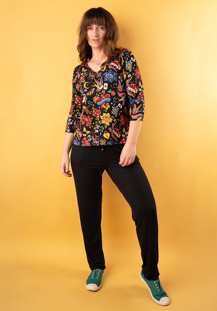 Fourth angle of Taylen Black Viscose Harem Pants, this viscose elastane blend is soft, breathable, and beautifully drapey.
