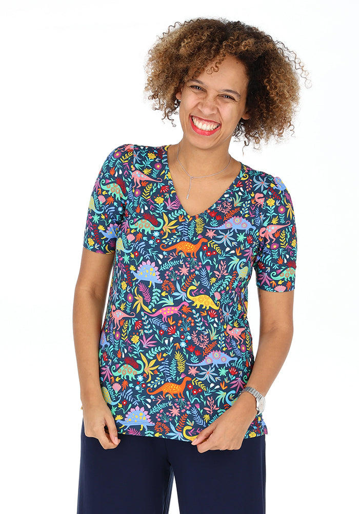 Front view of Kirsty Teal Dinosaur Print V Neck Viscose Top