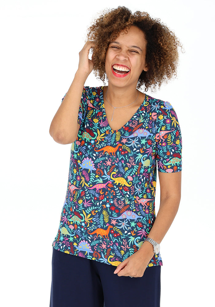 Third angle of Kirsty Teal Dinosaur Print V Neck Viscose Top