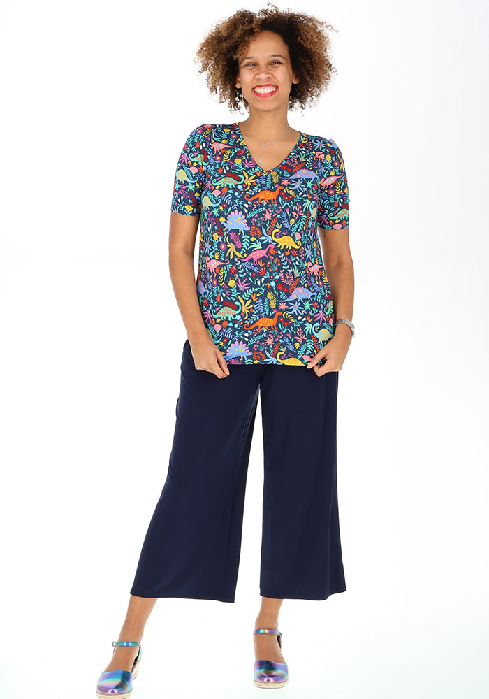 Second angle of Kirsty Teal Dinosaur Print V Neck Viscose Top