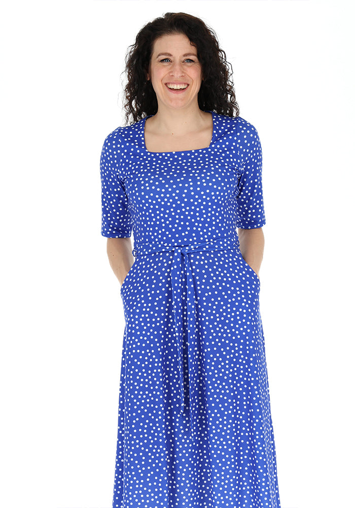 Front view of Kittie Blue &amp; White Polka Dot Print Jersey Midi Dress