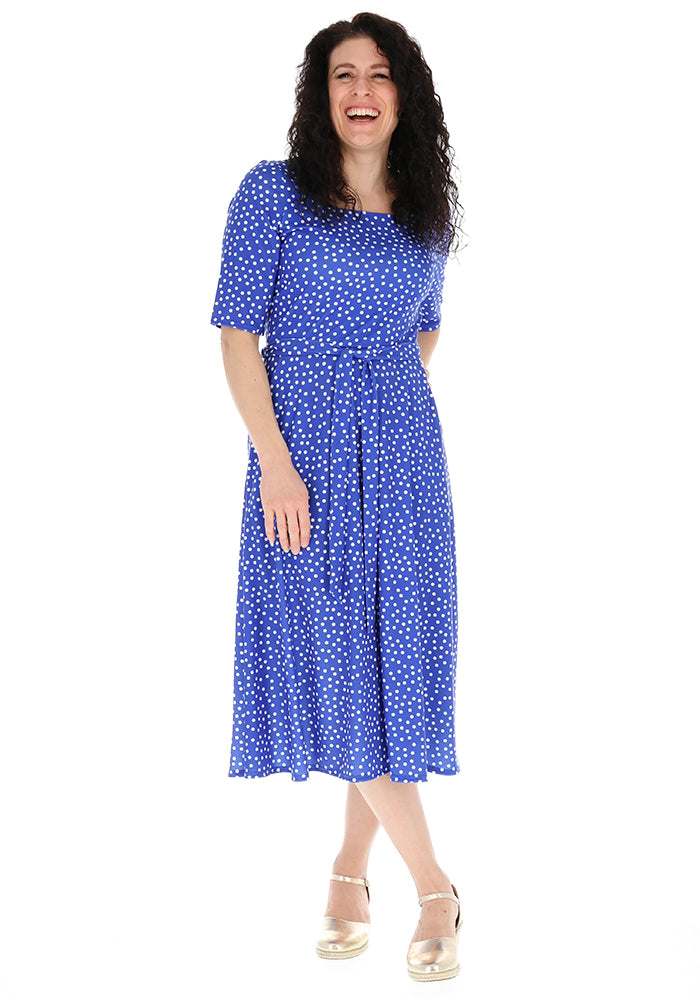 Eighth angle of Kittie Blue &amp; White Polka Dot Print Jersey Midi Dress