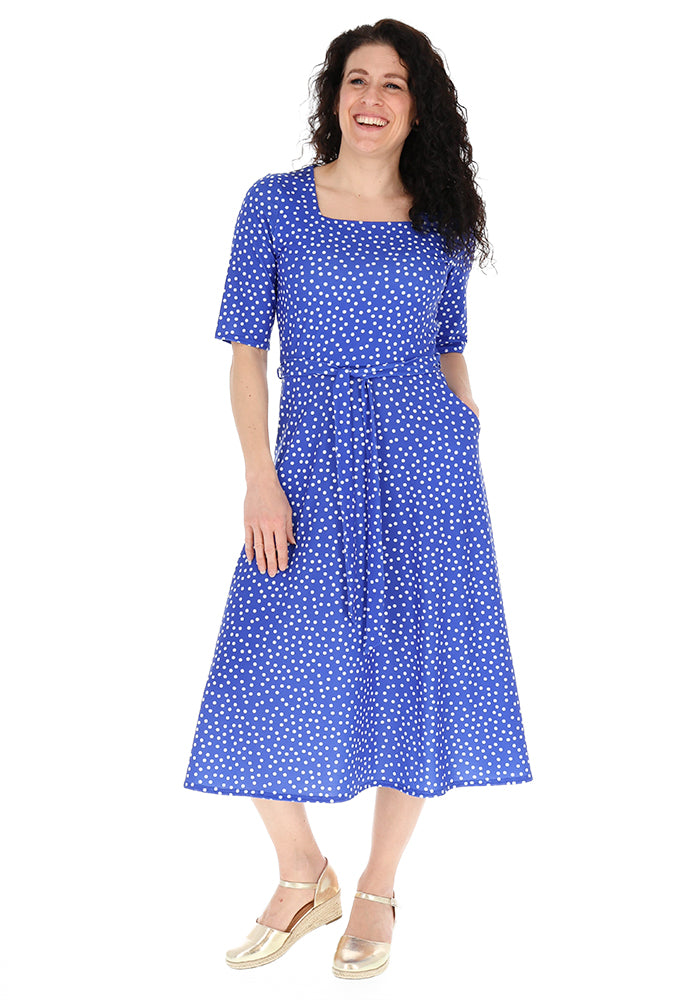 Third angle of Kittie Blue &amp; White Polka Dot Print Jersey Midi Dress