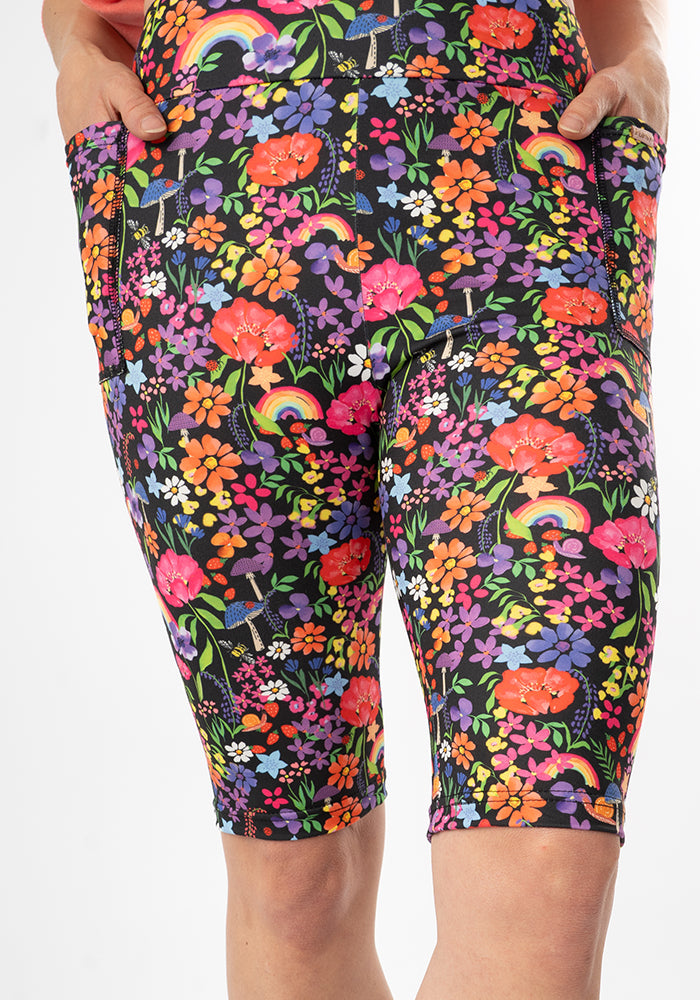 Front view of Kiva Garden Rainbow Print Cycling Shorts