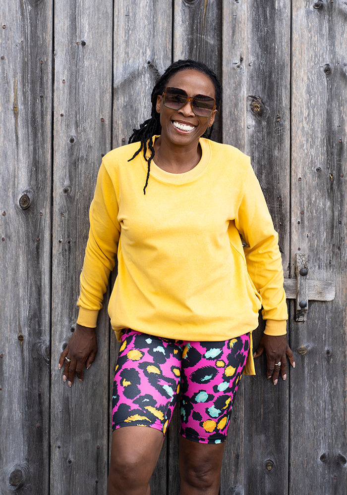 Front view of Kiva Pink Animal Print Cycling Shorts