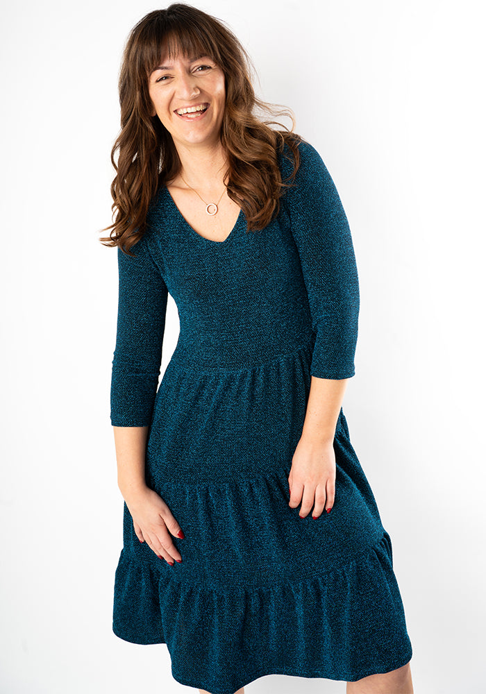 Kya Teal Sparkle Tiered Hem Dress