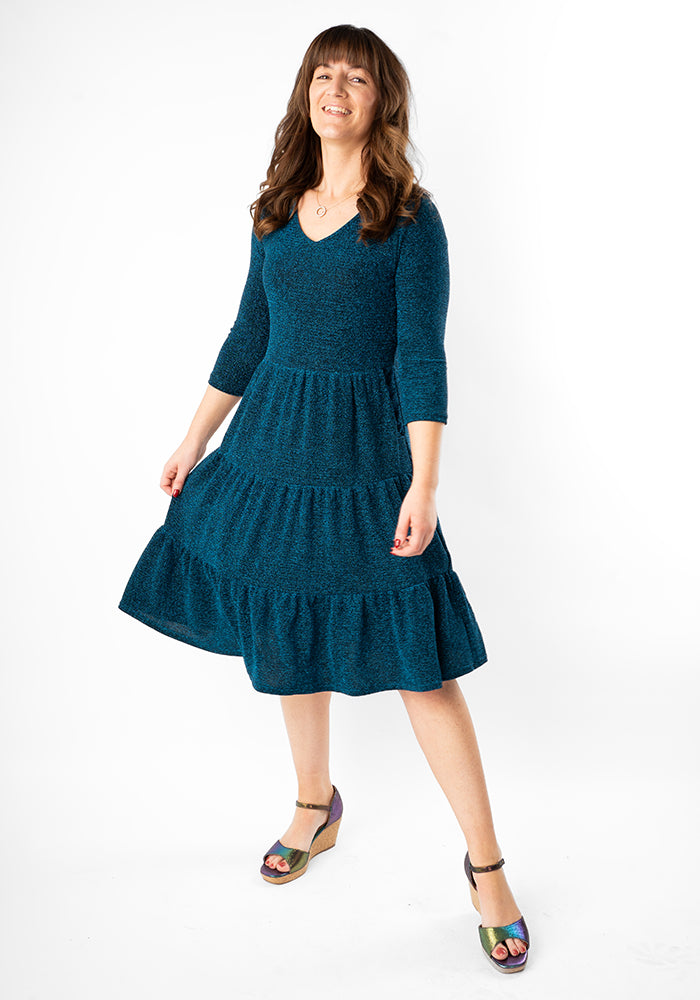 Kya Teal Sparkle Tiered Hem Dress