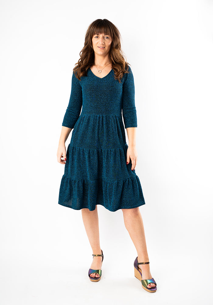 Kya Teal Sparkle Tiered Hem Dress