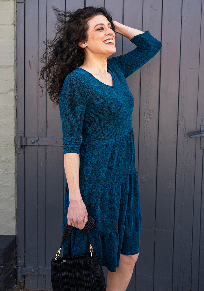 Kya Teal Sparkle Tiered Hem Dress