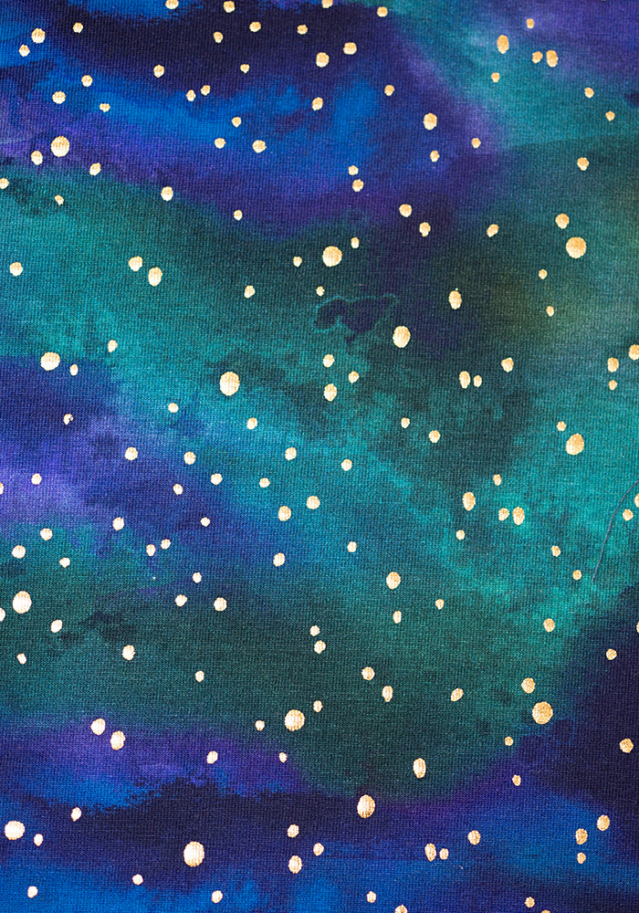 Second angle of Kylin Teal Ombre Gold Foil Spot Print Cotton Dress