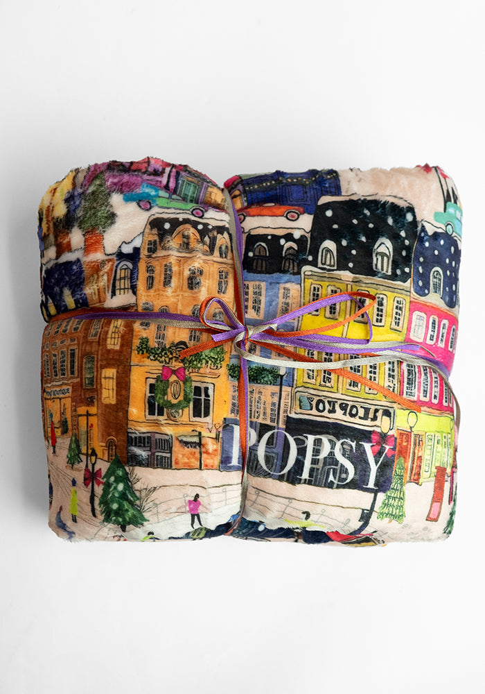 Extra Long London Border Print Plush Throw Blanket (Pop-Under)