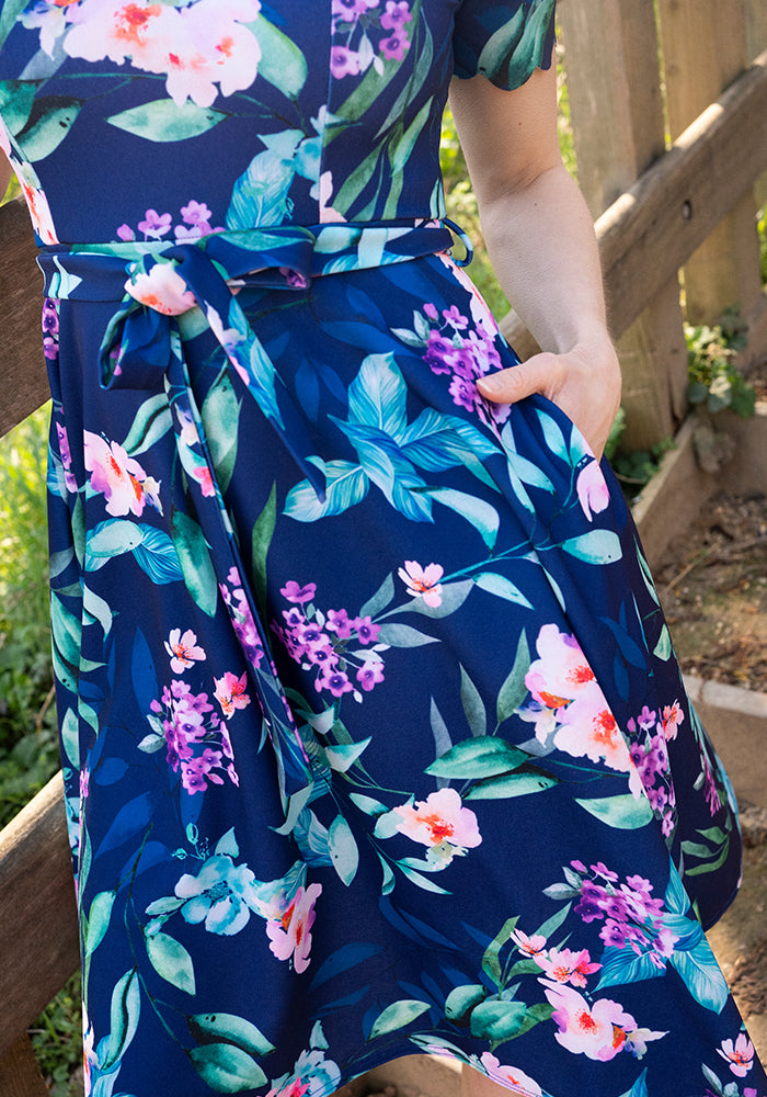 Linnet Navy Floral Print Scallop Vintage Swing Dress