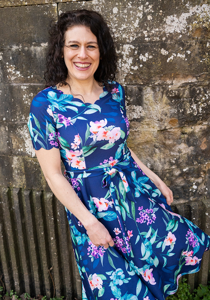 Linnet Navy Floral Print Scallop Vintage Swing Dress