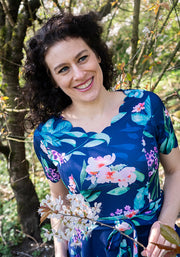 Linnet Navy Floral Print Scallop Vintage Swing Dress