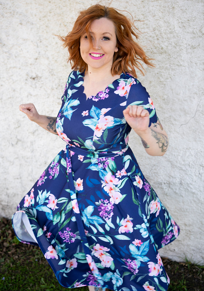 Linnet Navy Floral Print Scallop Vintage Swing Dress