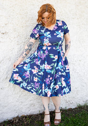 Linnet Navy Floral Print Scallop Vintage Swing Dress