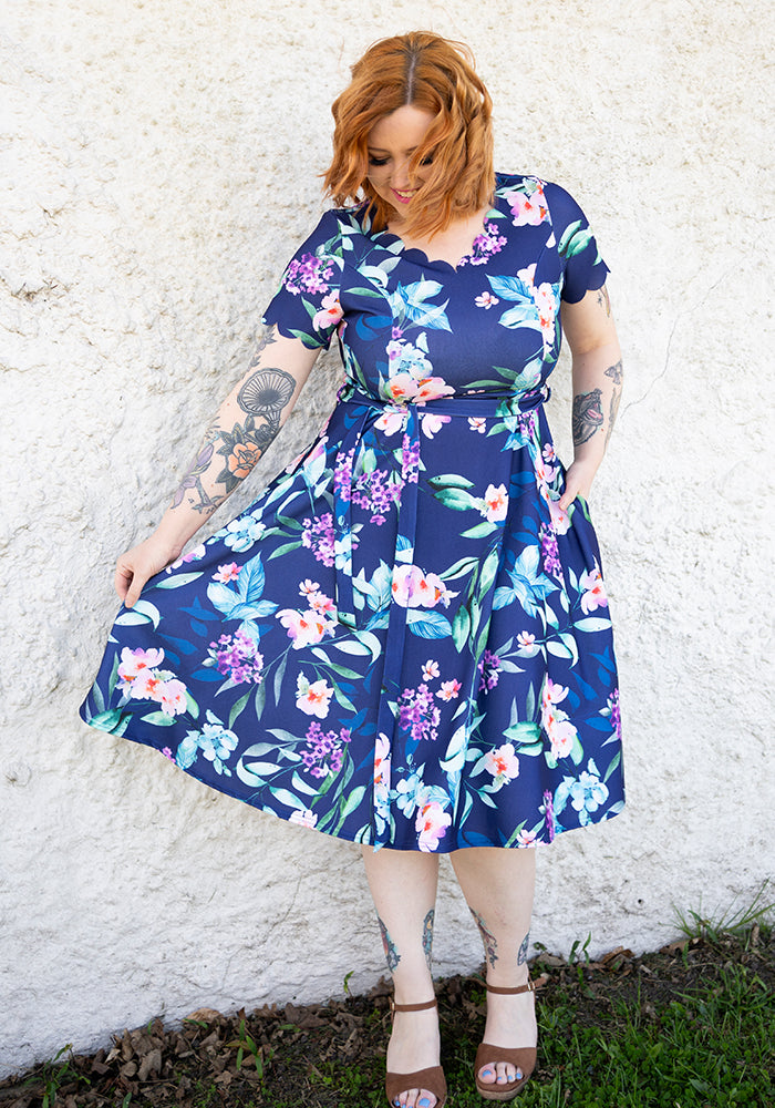 Linnet Navy Floral Print Scallop Vintage Swing Dress
