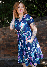 Linnet Navy Floral Print Scallop Vintage Swing Dress