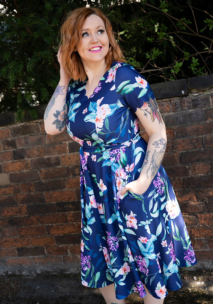 Linnet Navy Floral Print Scallop Vintage Swing Dress
