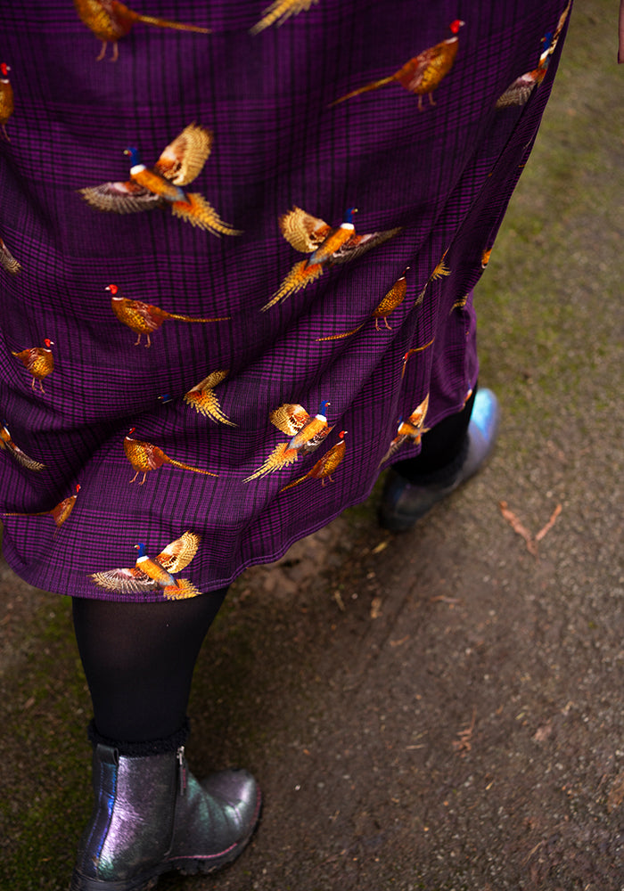 Ninth angle of Laine Purple Pheasant Print Cotton Midi Dress
