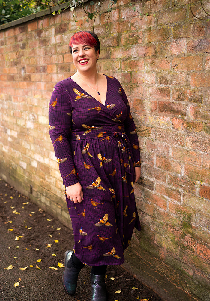 Front view of Laine Purple Pheasant Print Cotton Midi Dress