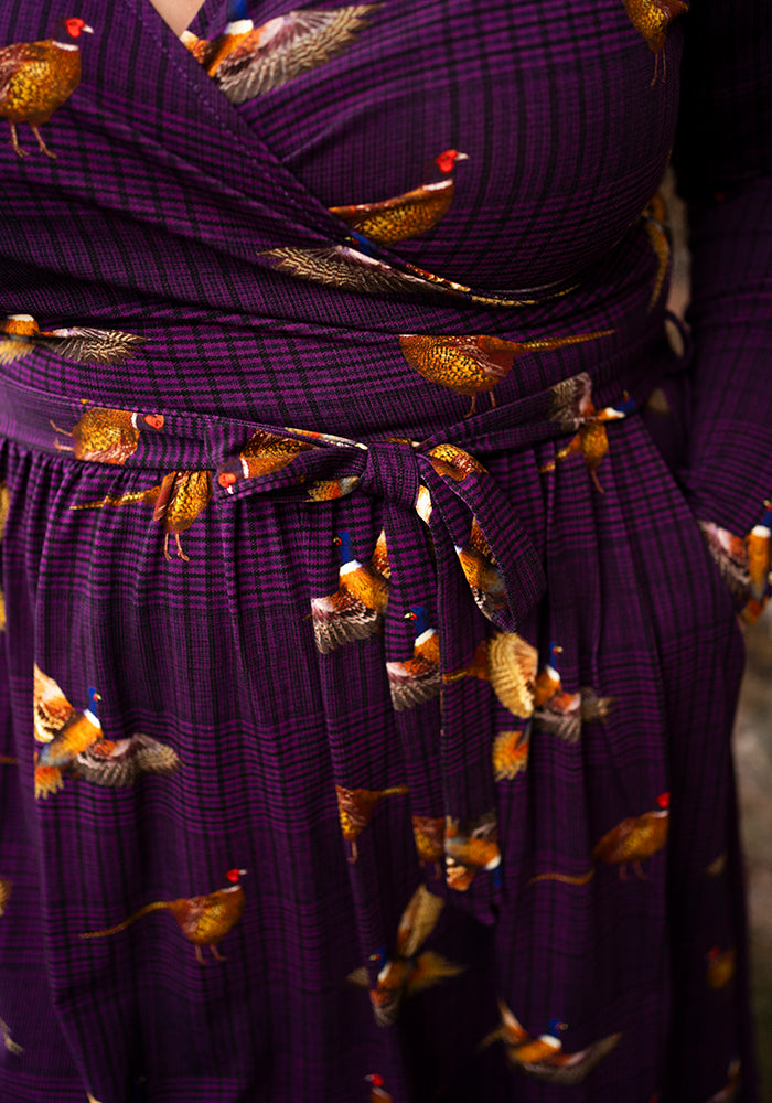 Eighth angle of Laine Purple Pheasant Print Cotton Midi Dress