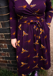 Laine Purple Pheasant Print Cotton Midi Dress