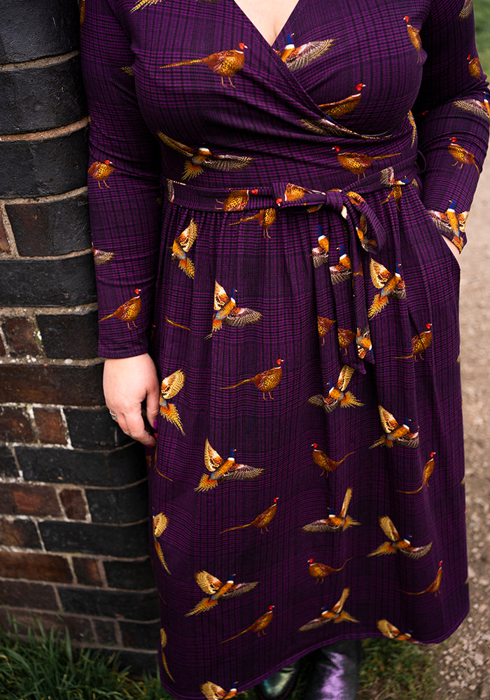 Laine Purple Pheasant Print Cotton Midi Dress