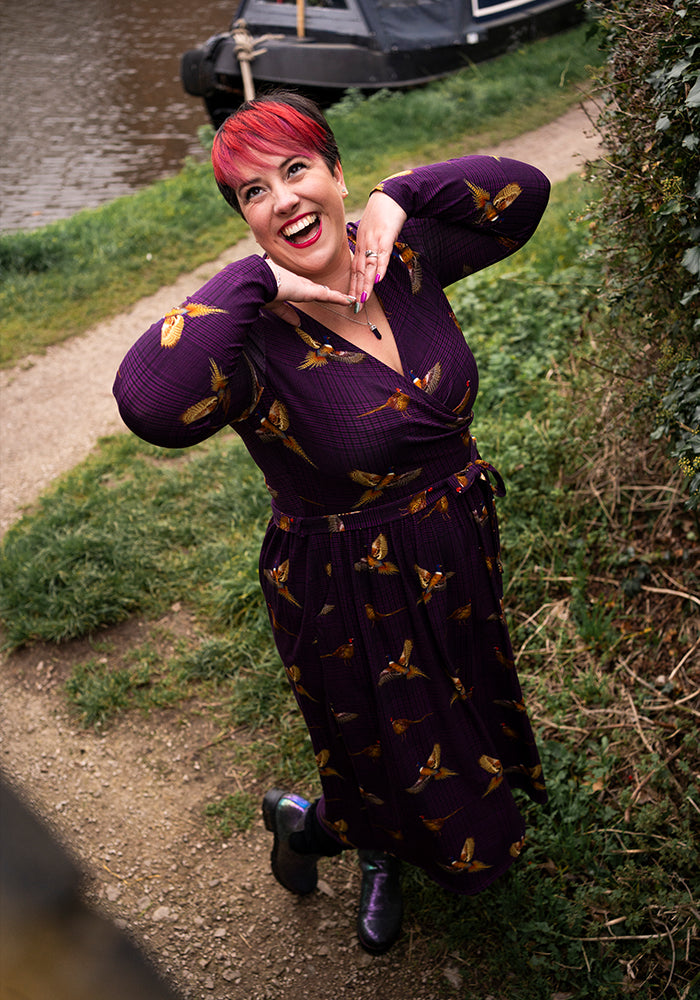 Third angle of Laine Purple Pheasant Print Cotton Midi Dress