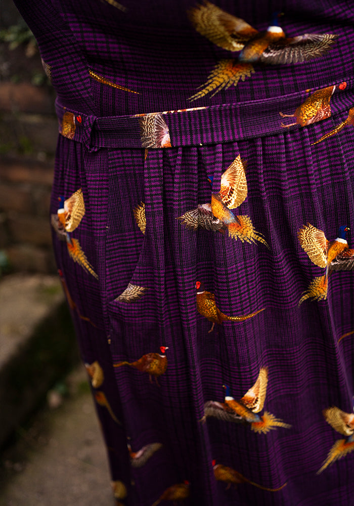 Laine Purple Pheasant Print Cotton Midi Dress