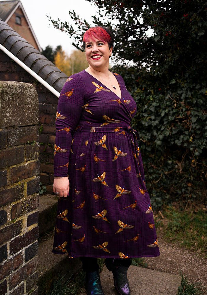 Laine Purple Pheasant Print Cotton Midi Dress