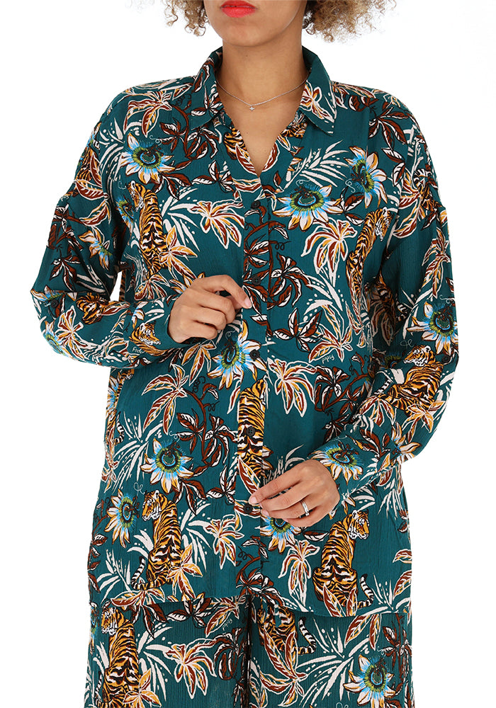Second angle of Laken Tiger Jungle Print Woven Shirt (Teal)