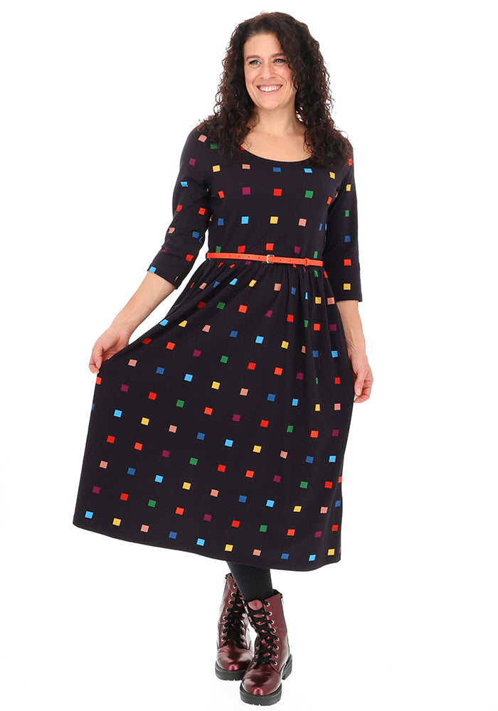 Lanthe Conversational Squares Print Cotton Midi Dress