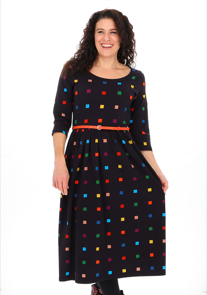 Lanthe Conversational Squares Print Cotton Midi Dress
