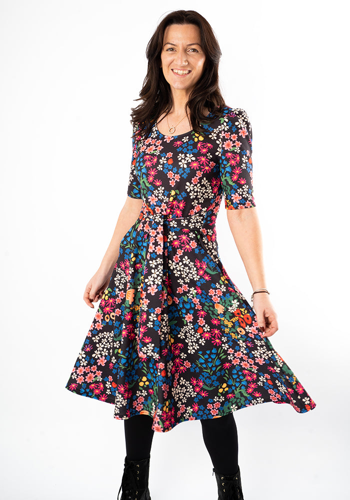 Front view of Laraine Floral Print Full Skirt Dress