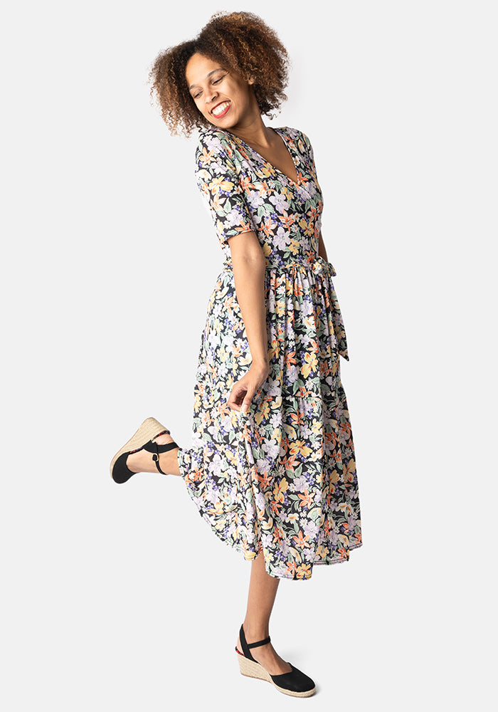 Laury Light Weight Ditsy Floral Print Tiered Hem Midi Dress