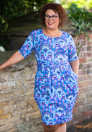 Leana Blue Handpainted Deco Print Dress