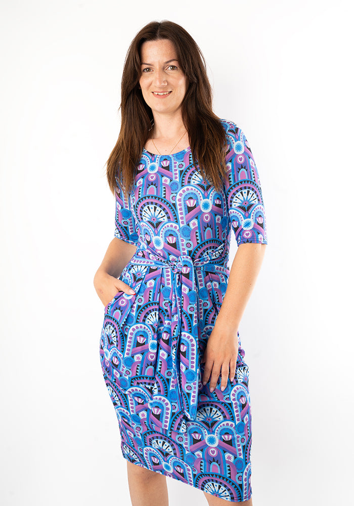 Leana Blue Handpainted Deco Print Dress