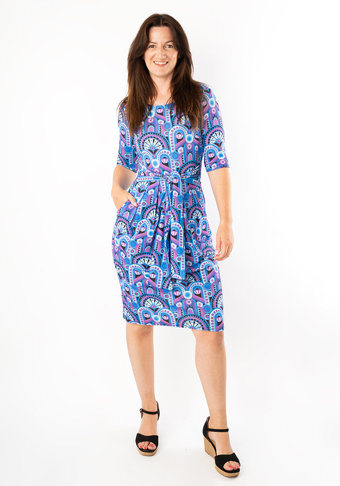 Third angle of Leana Blue Handpainted Deco Print Dress