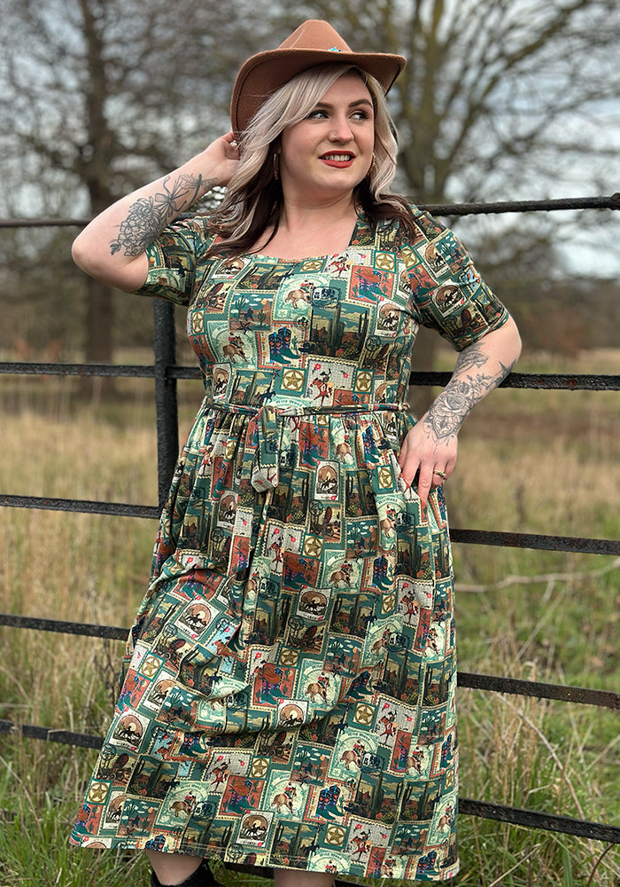 Front view of Leila Wild West Print Cotton Midi Dress