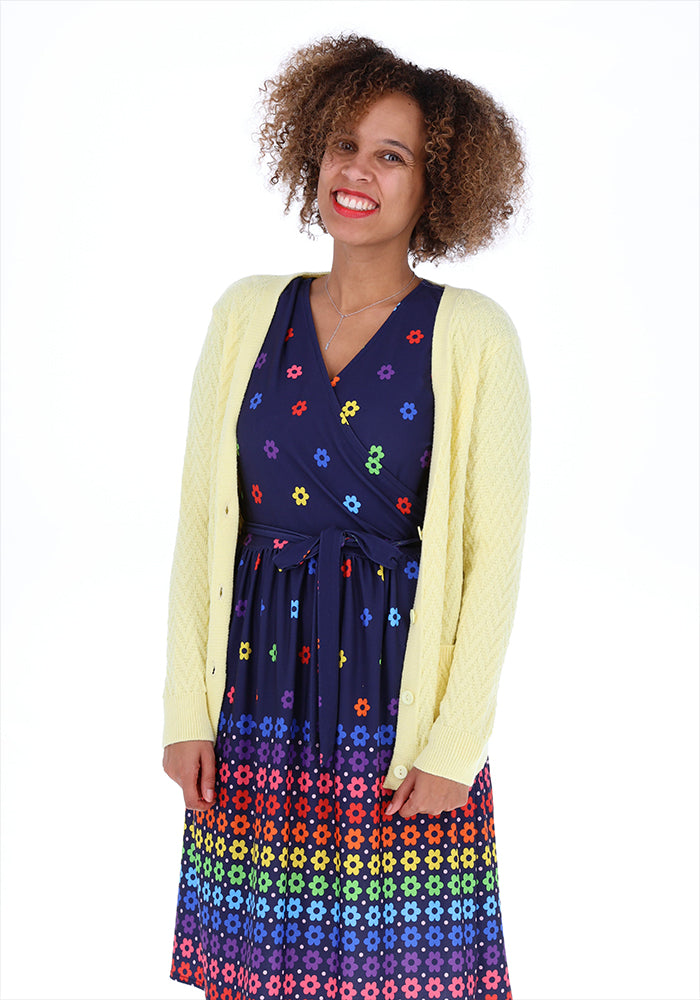 Front view of Lemon Chevron Knit Cardigan