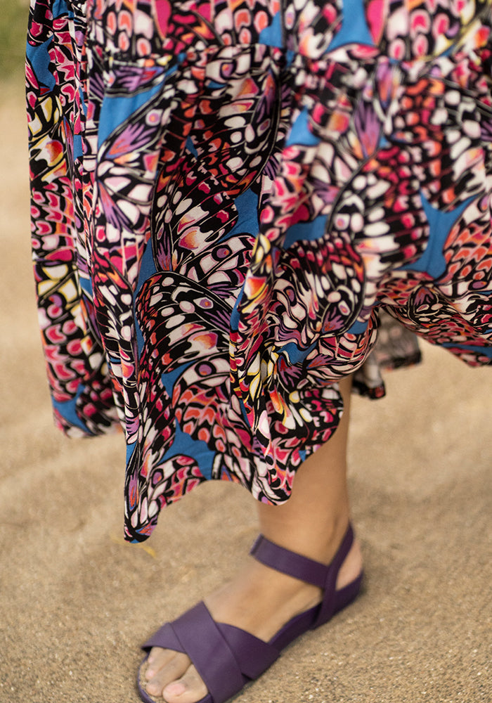 Lennyn Butterfly Wing Print Tiered Hem Viscose Midaxi Dress