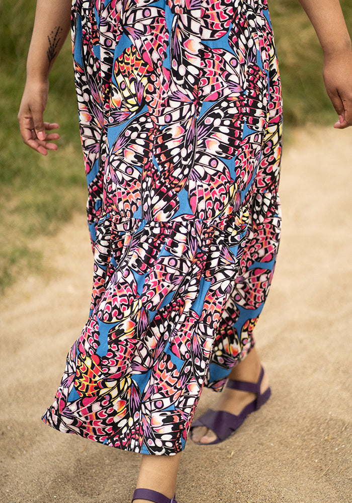 Lennyn Butterfly Wing Print Tiered Hem Viscose Midaxi Dress