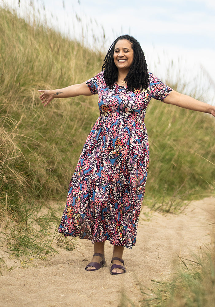 Lennyn Butterfly Wing Print Tiered Hem Viscose Midaxi Dress