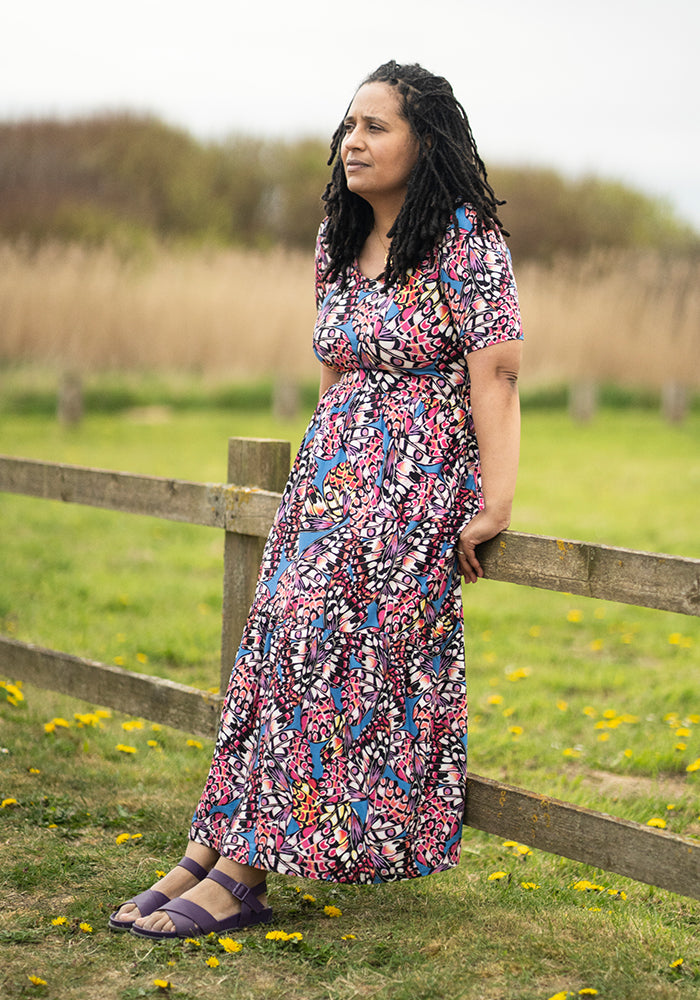 Seventh angle of Lennyn Butterfly Wing Print Tiered Hem Viscose Midaxi Dress