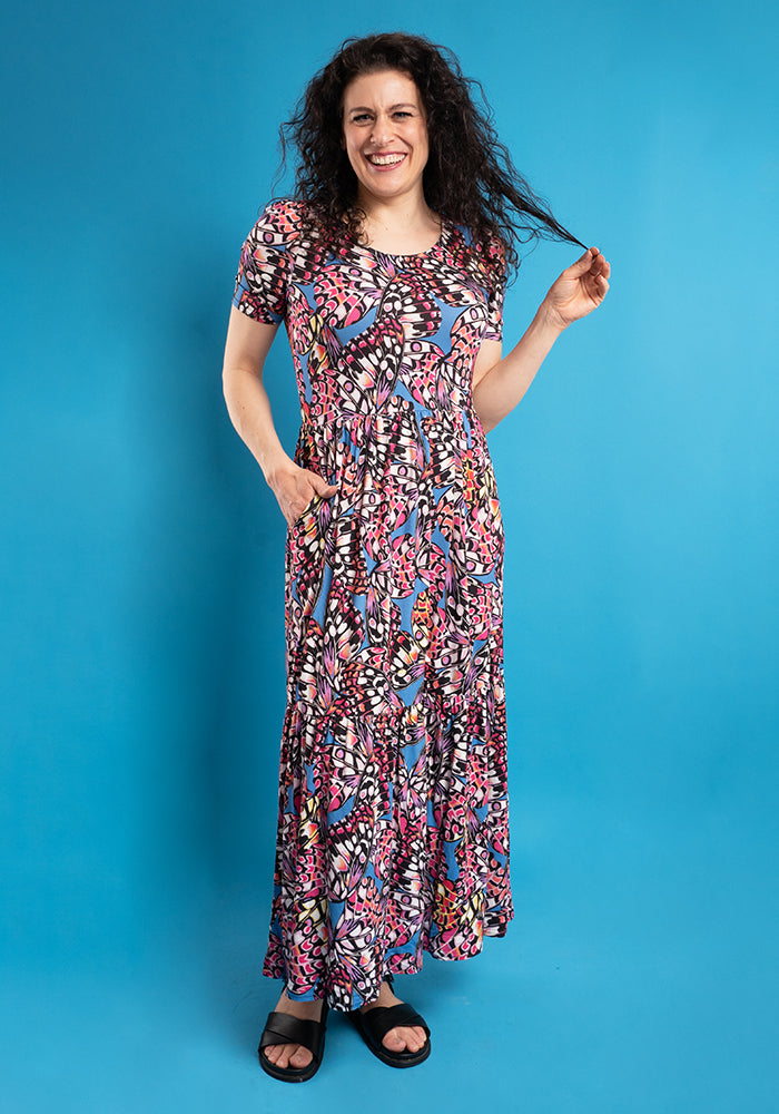 Sixth angle of Lennyn Butterfly Wing Print Tiered Hem Viscose Midaxi Dress
