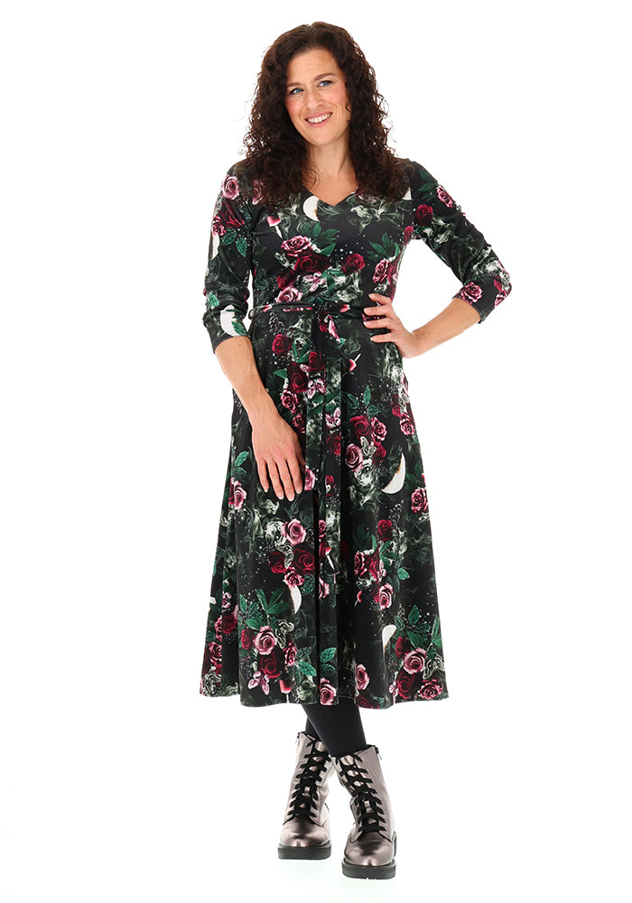 Lenore Gothic Rose Velour Print Midi Dress
