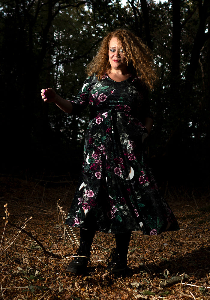 Lenore Gothic Rose Velour Print Midi Dress